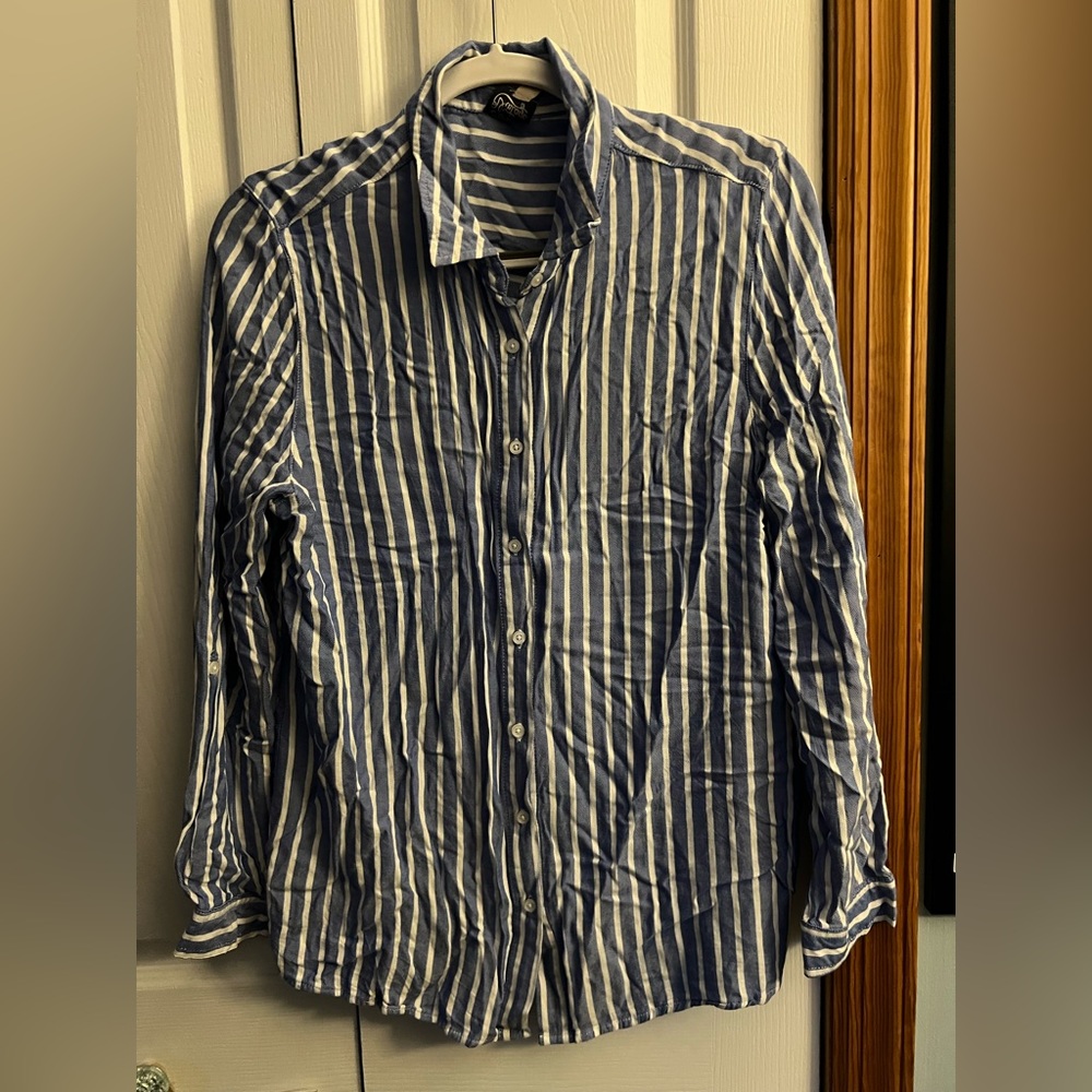 Large Blue and White striped long sleeve blouse
